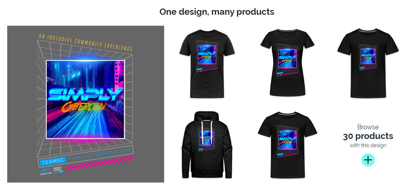 One design, many products for Simply Cyber Con 2024 merchandise.